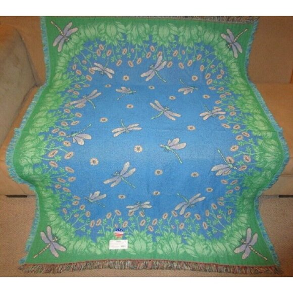 New Dancing Dragonflies Heavy Afghan Cotton Gift Throw Blanket Dragonfly Flowers - Picture 2 of 4